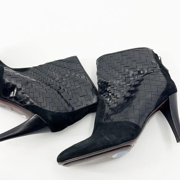 Cole Haan Black Suede Woven Ankle Boots Booties Basket Weave size 6.5 NWT - Picture 2 of 11
